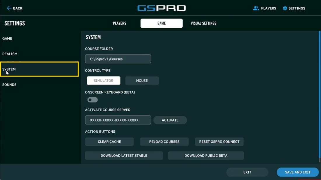 GSPro settings with System highlighted