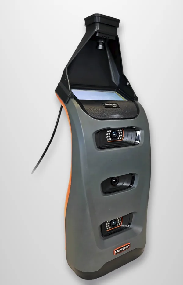 The FreeDrop hood sitting flat on a Bushnell Launch Pro, the screen visible under it
